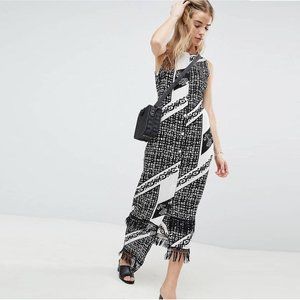 New Parisian Printed Midi Dress With Fringe Detail Size 6 Tall
